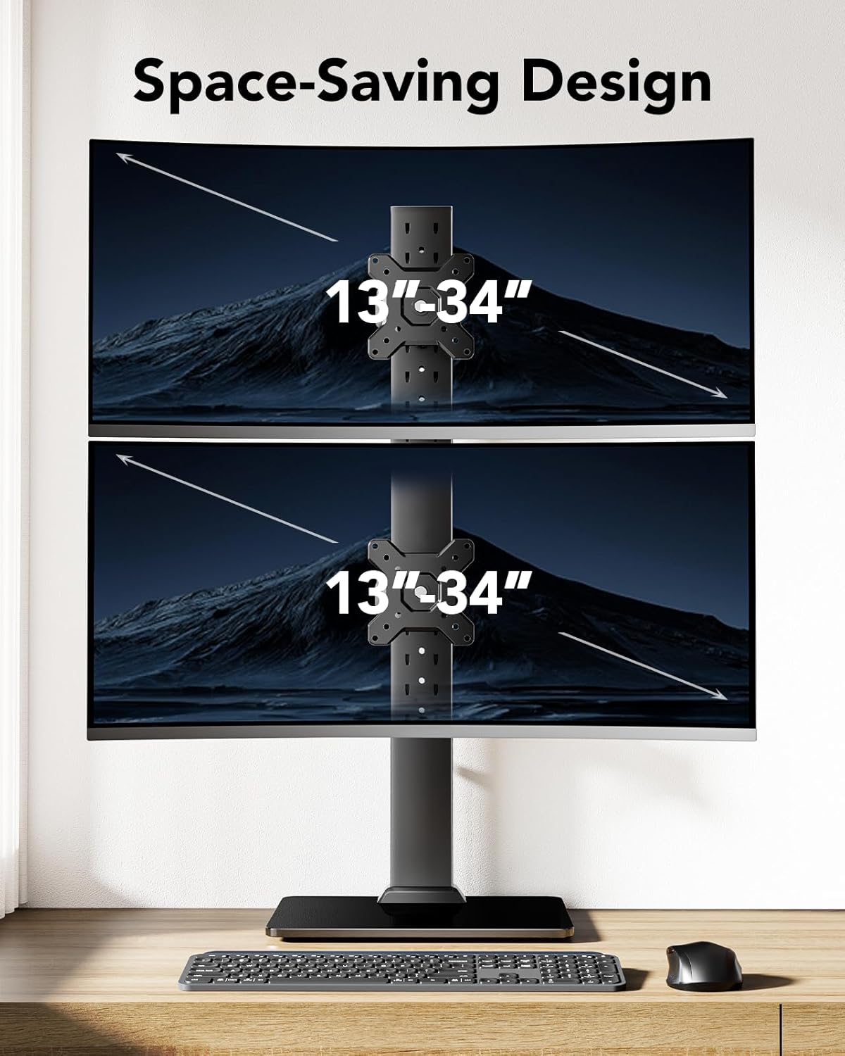 HUANUO Dual Monitor Stand, Vertical Monitor Mount for Two Screens 13 to 34 Inch, Freestanding Monitor Riser with Swivel, Tilt, Rotation and 13 Height Settings, Max Load 44 lbs, Max VESA 100x100