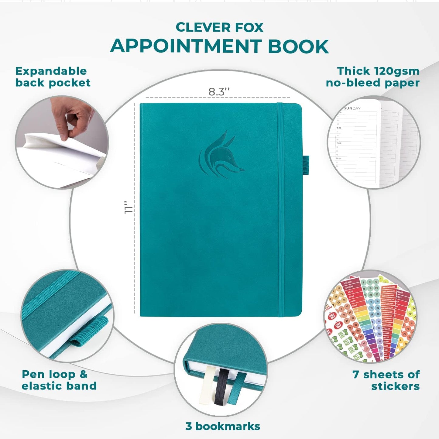 Clever Fox Appointment Book – Hourly Schedule Planner with 15-Minute Increments – Time Box Planner for Daily Work & To-Dos – Weekly & Monthly Spreads, Undated, Hardcover, 8.3x11″ (Dark Teal)