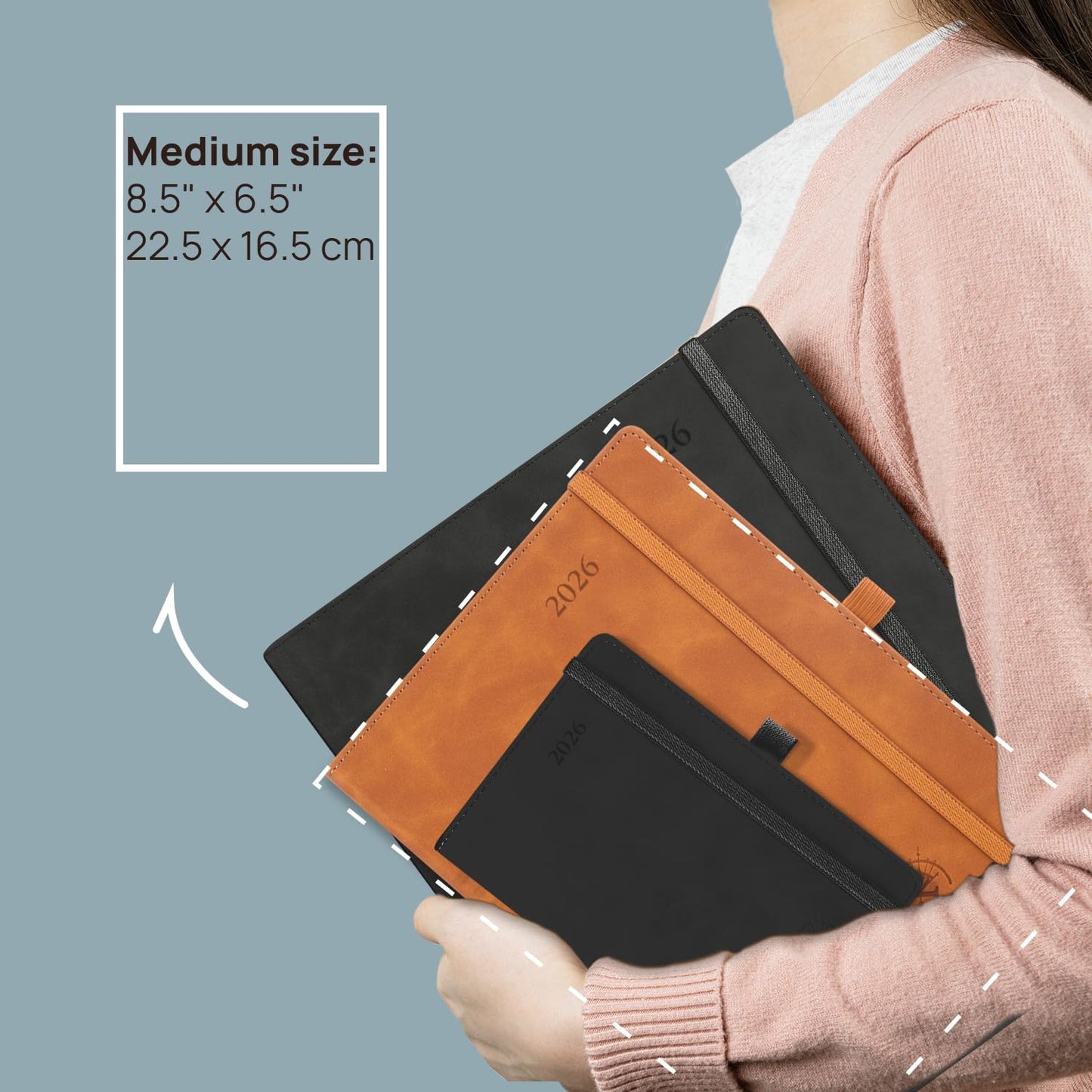 POPRUN Weekly Planner 2026 (Medium 6.5" x 8.5") Calendar 12 Months Notebook with Horizontal Layout, Leather Soft Cover, Monthly Tabs, Inner Pocket, 100GSM Thick Paper, Pen Holder - Soft Pink