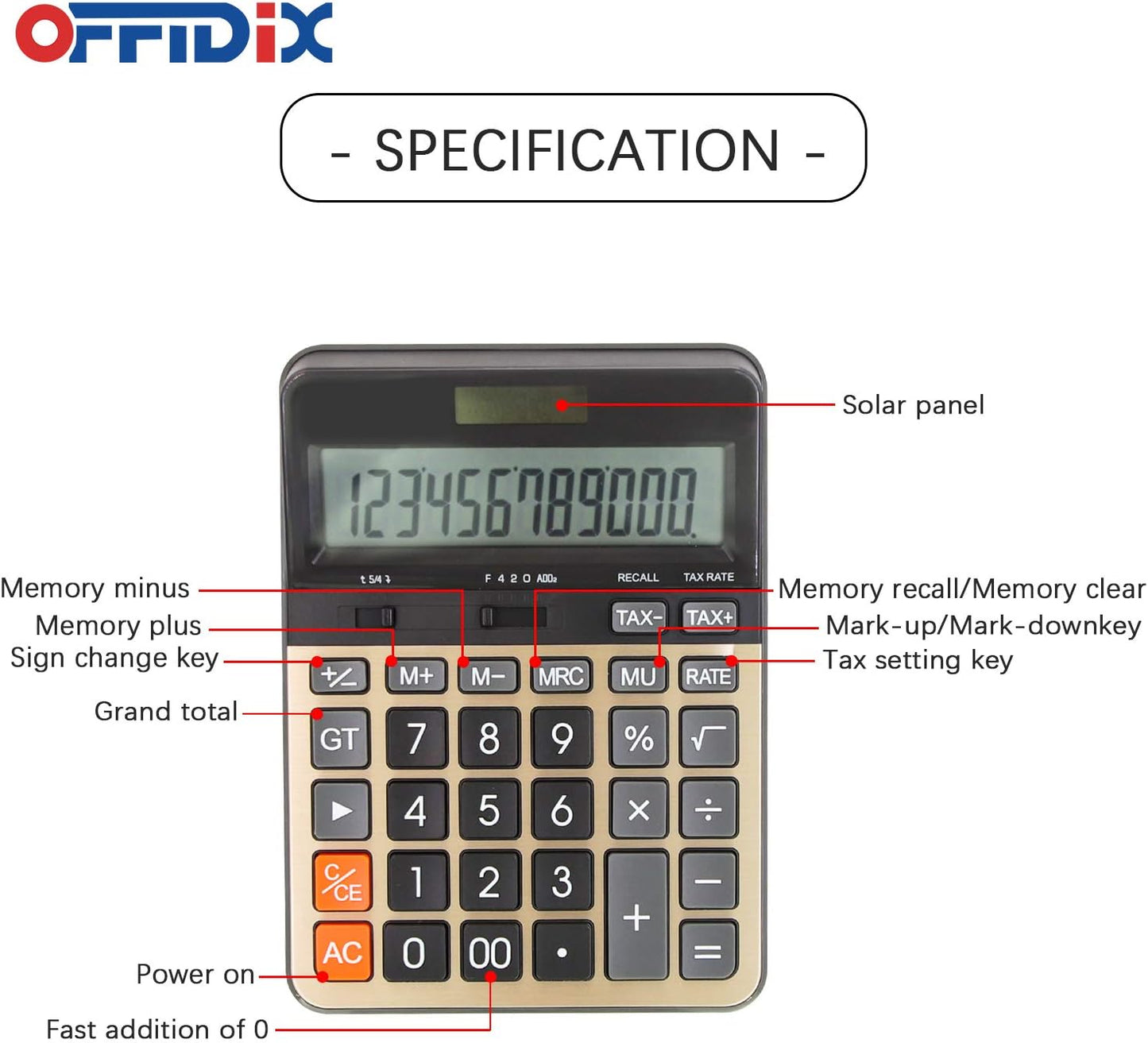 OFFIDIX Desktop Calculator with Large 12 Digit LCD Display, Solar Battery Dual Power, Perfect for Office, Home, School