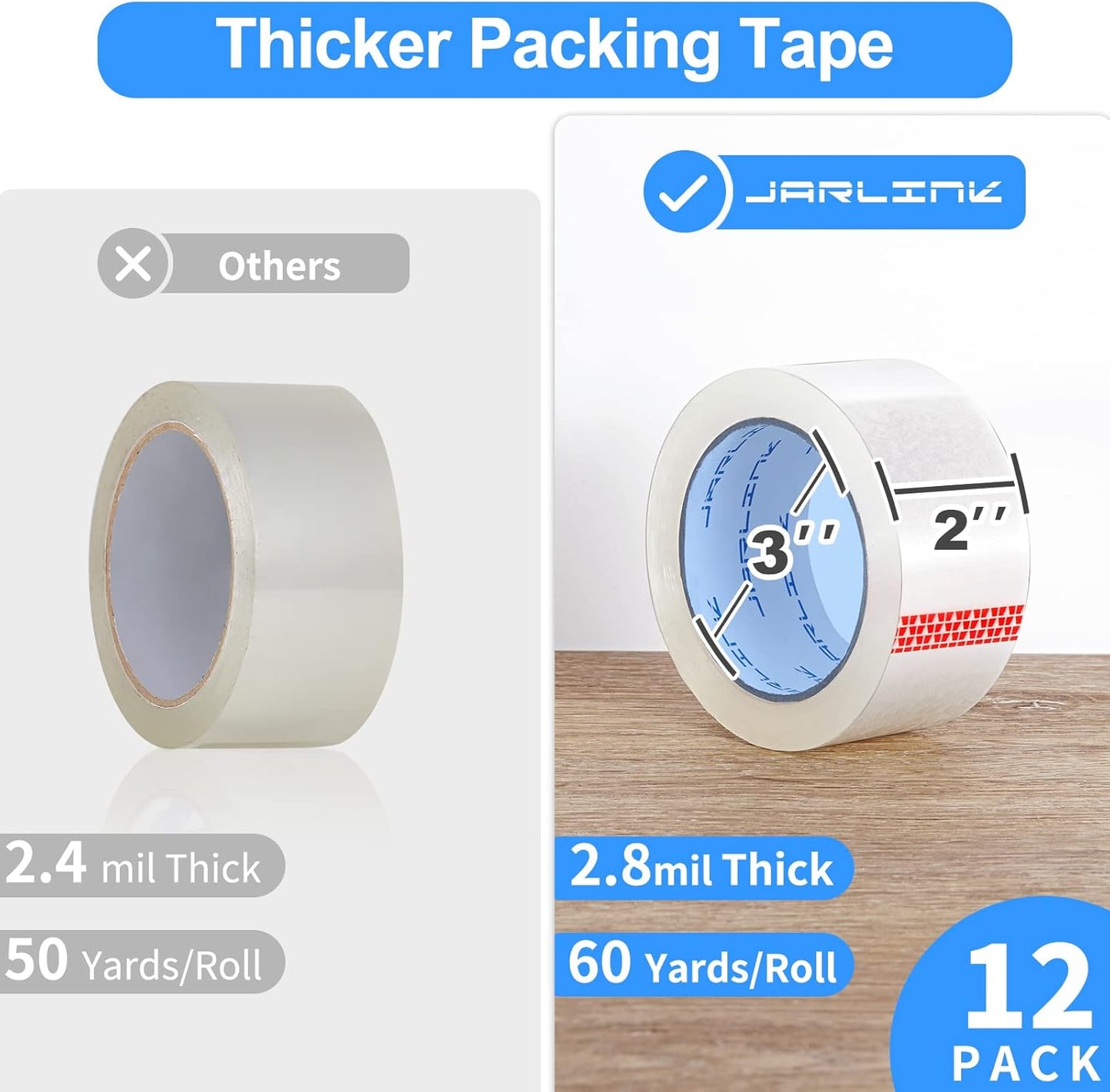 JARLINK Clear Packing Tape (12 Rolls), Heavy Duty Packaging Tape for Shipping Packaging Moving Sealing, Stronger & Thicker 2.8mil, 2 inches Wide, 60 Yards Per Roll, 720 Total Yards