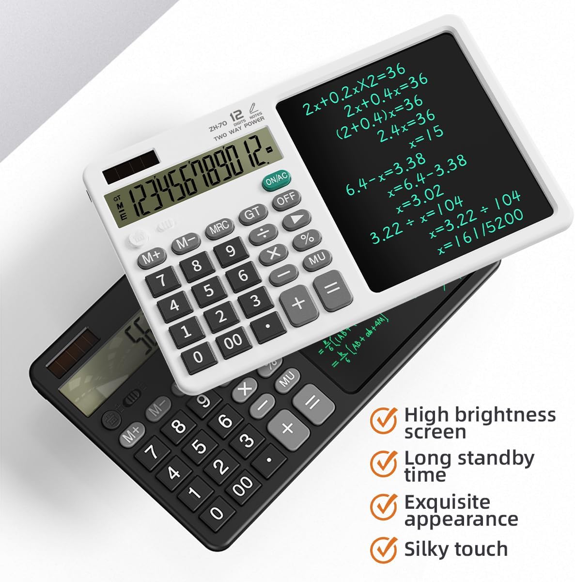 Scientific Calculator with Pull - Out Stylus, 12 - Digit Wide Screen & 100,000+ Reusable Writing Pad, One - Click Clear/Lock, Solar & Battery Dual Power, Portable for School Office Business (White)