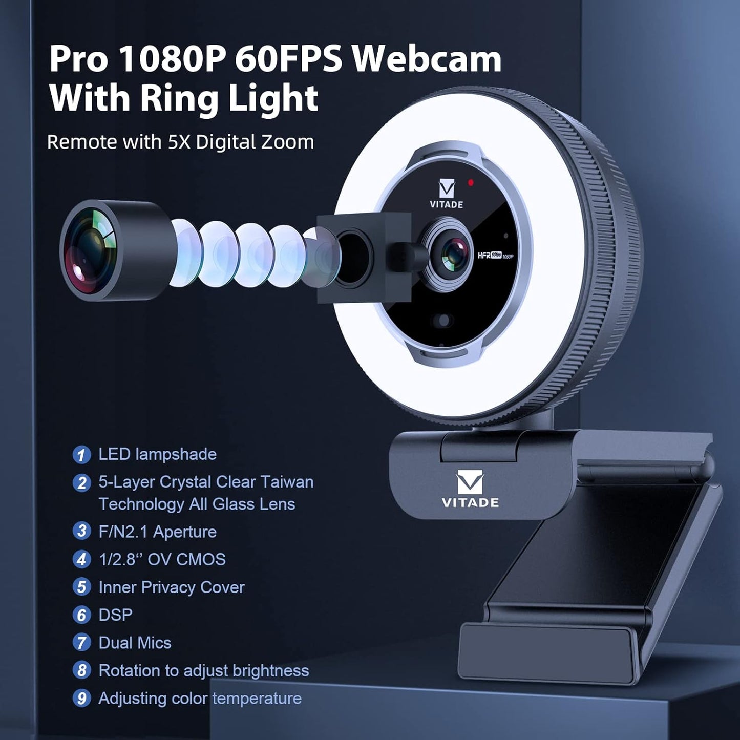 Zoomable Webcam with Remote Control, 1080P 60FPS Streaming Webcam with Adjustable Ring Light and Tripod, Pro USB 5X Digital Zoom Webcam for Zoom/Skype Teams/Laptop/Mac Windows