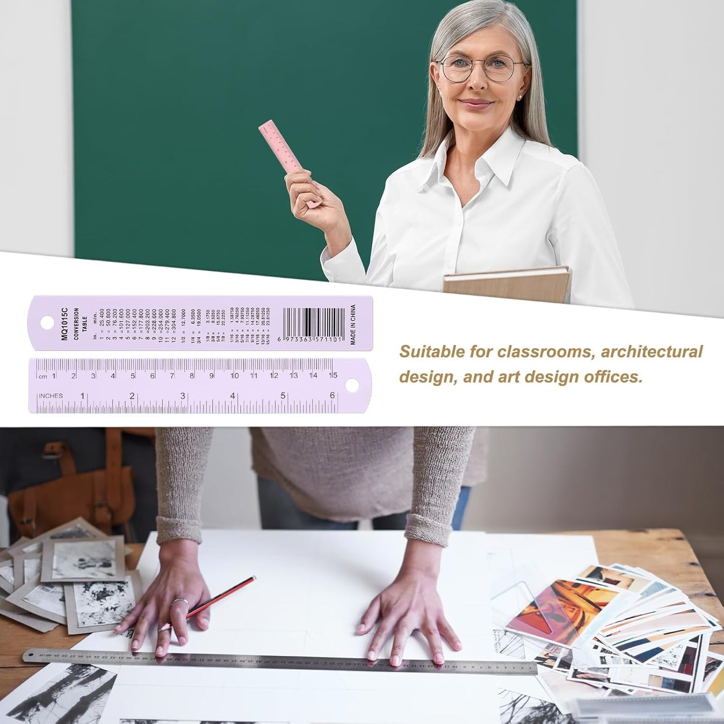 HARFINGTON 6pcs Metal Straight Ruler 15cm Metric SAE Aluminum Alloy Measuring Rulers Scale Tool with Hole for Measure Study Reading Classroom Office, Purple