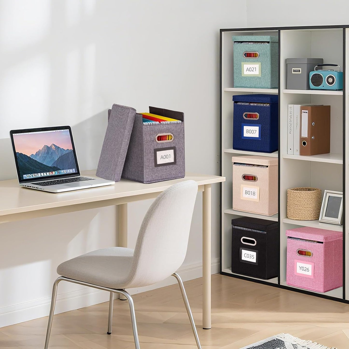 2 Pack Hanging File Folders Organizer with Lid, Letter Size Fabric File Storage Box Collapsible, Portable Office Document Holder with Metal Handle, Smooth PVC Rails, Beige