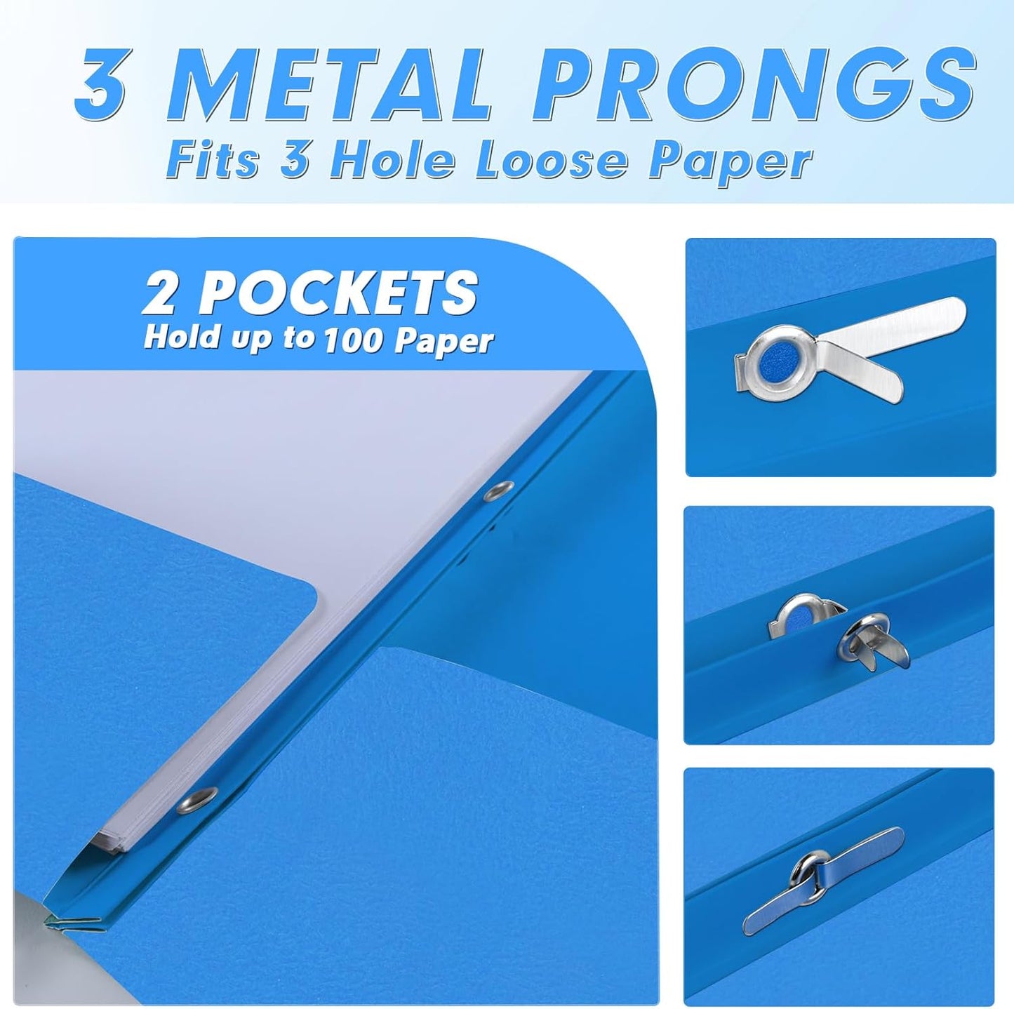 PANDRI Two Pocket Folders, 30 Pack with Prongs, Letter Size, Lightblue