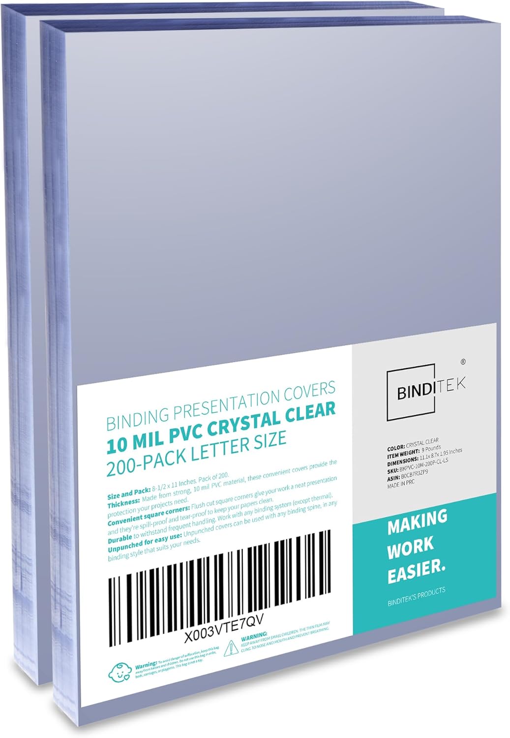 Binditek 200 Pack 10 Mil PVC Binding Report Covers, 8.5 x 11 Inches, Letter Size, Square Corners, Un-Punched, Office Supplies