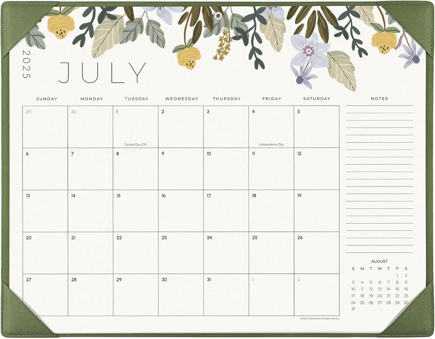 Desk Calendar 2025-2026 with Desktop Mat, Cabbrix Large Desk Pad Calendar 22 x 17 Inch Runs From July 2025 to December 2026, Floral Design Calendar 2025 for Home School and Office (Green)