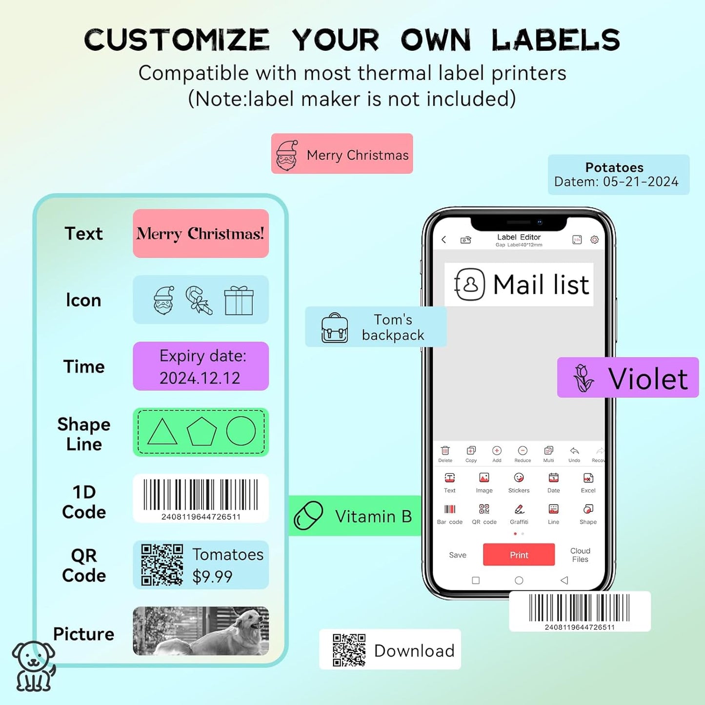 D30 P21 Label Maker Tape Refill 12mm×40mm(0.47"x1.57") Sticker, Laminated Thermal Label Tape Replacement, 1650 Labels/10Rolls, High Definition Labeling Tape for Home Office School Hotel