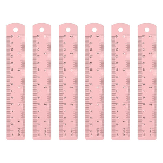 HARFINGTON 6pcs Metal Straight Ruler 15cm Metric SAE Aluminum Alloy Measuring Rulers Scale Tool with Hole for Measure Study Reading Classroom Office, Pink