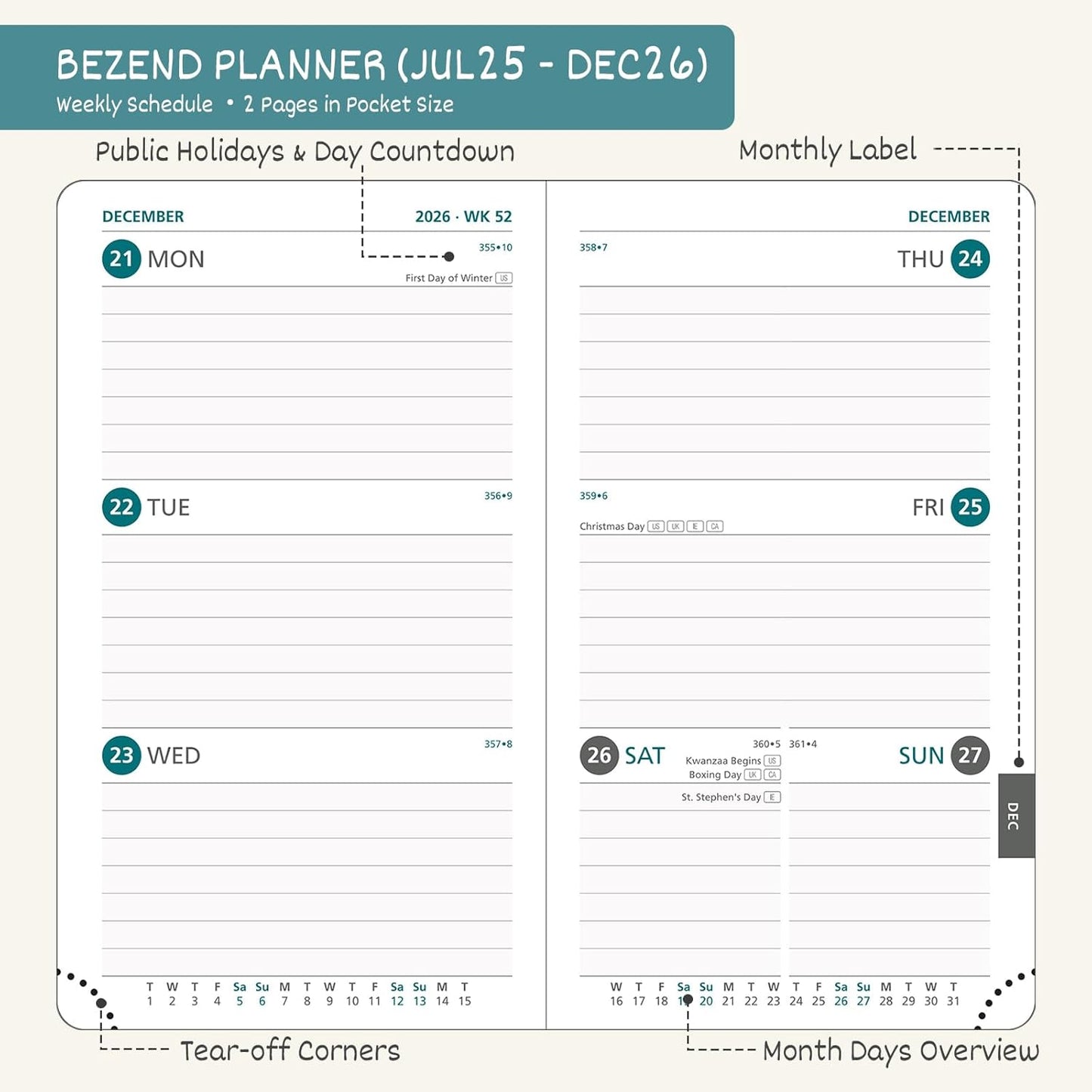 BEZEND Pocket Planner 2025-2026 Weekly and Monthly, 3.5" x 6" Academic Planner (Jul 25-Dec 26) 18-Month Mid-Year Calendar Book, Storage Pocket, Pen Holder, PU Leather Hardcover - Lavender