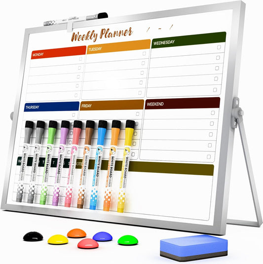 Dry Erase White Board with Stand,Double-Sided Weekly Whiteboard 12"x16", 10 Markers, 6 Magnets, 1 Eraser, Portable Desktop Whiteboard for Planning,Weekly Schedule Board for School for Home