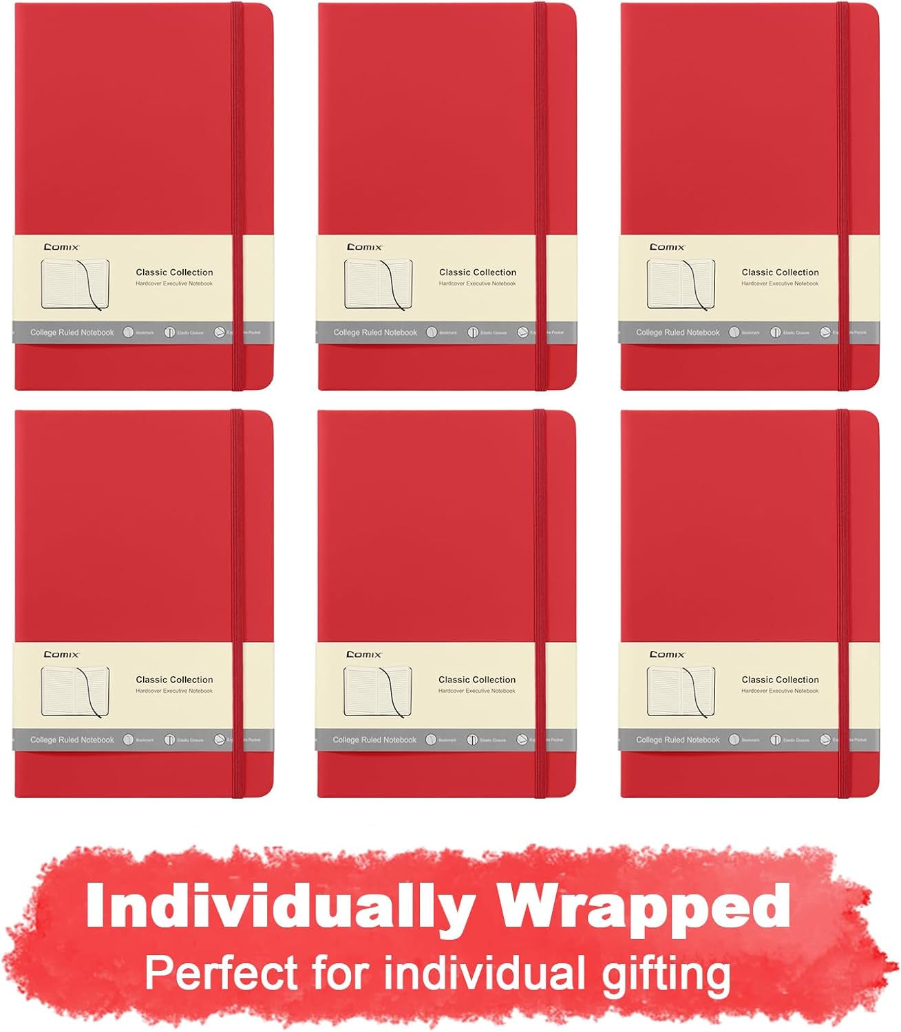 Comix 6 Pack Lined Journal Notebooks for Work, 240 Pages, 5.5"x8.3", Red, Hardcover, A5 Medium College Ruled, Journaling Notebooks for Notes-taking, Fits for Office School Home