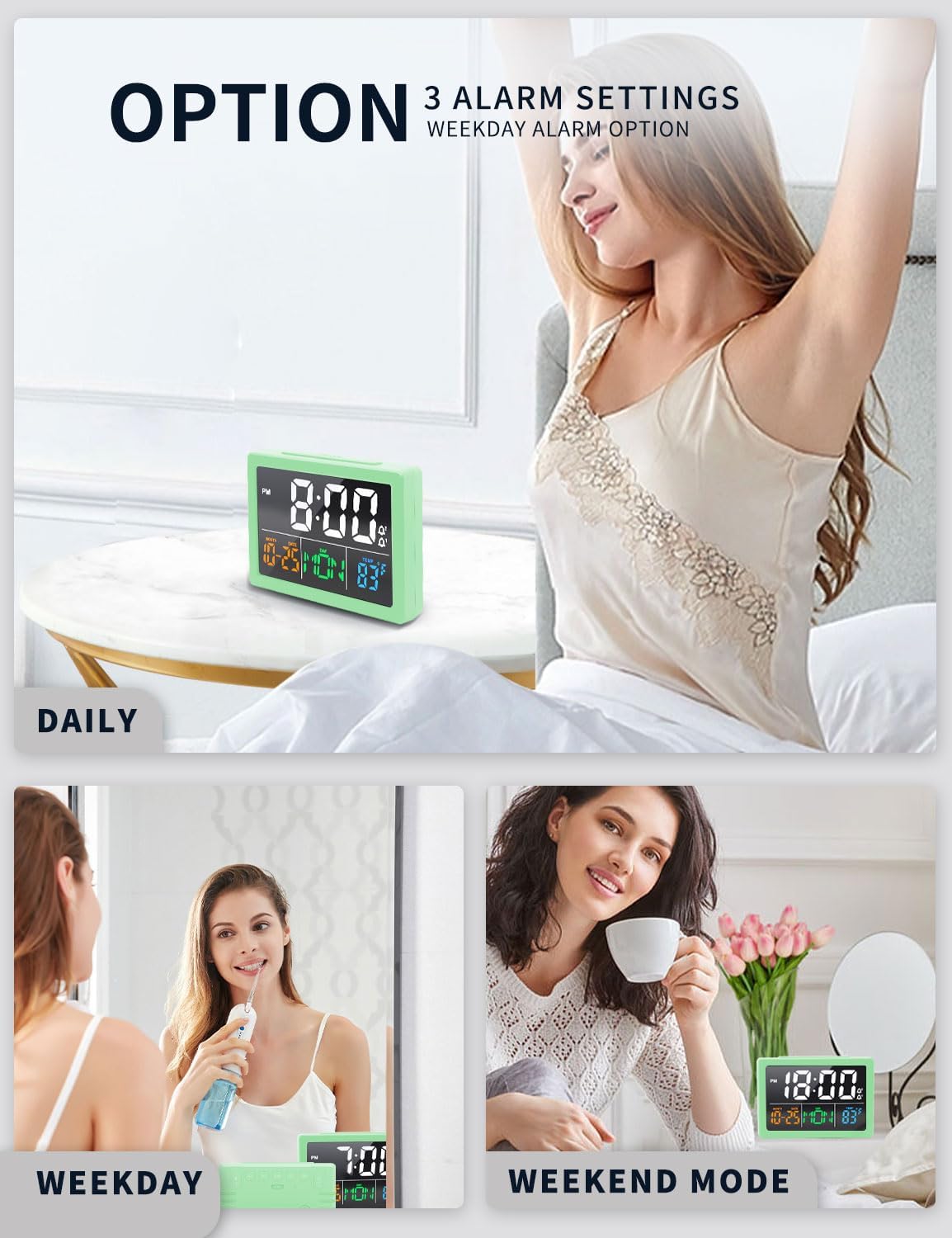 Digital Alarm Clock, with 5.5" Large LED Time Display, Adjustable Alarm Volume, 6 Level Brightness, Alarm Settings, USB Charger, Temperature Detect, Snooze, Clocks for Bedroom, Bedside, Desk, Green