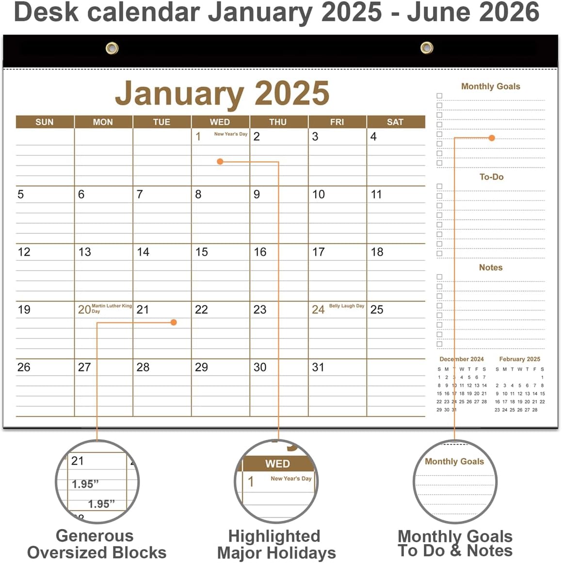Desk Calendar 2025-2026 - 18 Months Calendar from January 2025 to June 2026, Desk Calendar 2025 with Thick Paper, 12" x 17", Brown