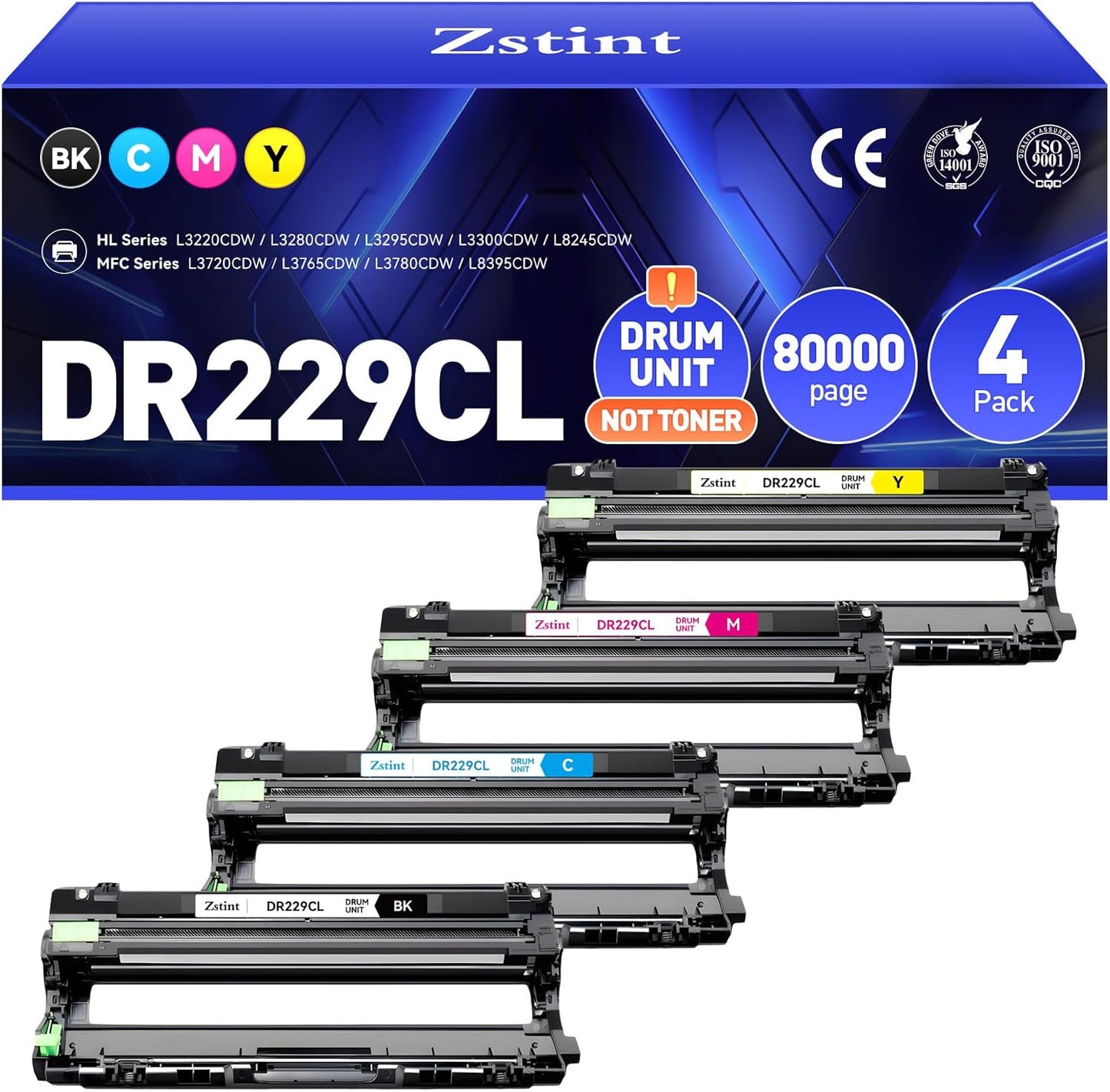 DR229CL Drum Unit Not Toner 4-Pack Replacement Compatible for Brother DR-229CL Imaging Drum MFC-L3720CDW MFC-L3780CDW HL-L3220CDW HL-L3280CDW HL-L3300CDW HL-L3295CDW L8245CDW MFC-L8395CDW Printer Set