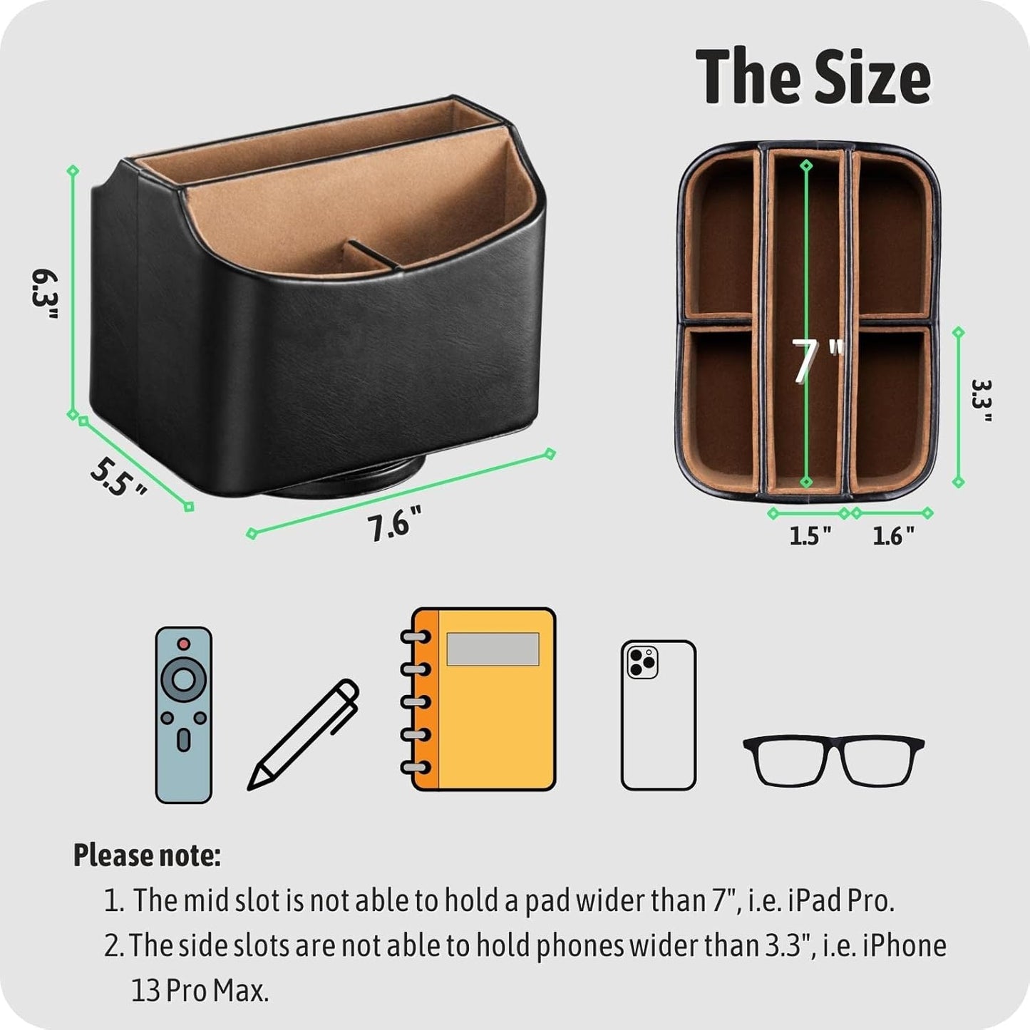 Remote Control Holder, Spinning Desk Organizer, Nightstand Bedside Caddy for TV Remotes/Tablets/Phones/Eyeglasses/Books/Pens - Black