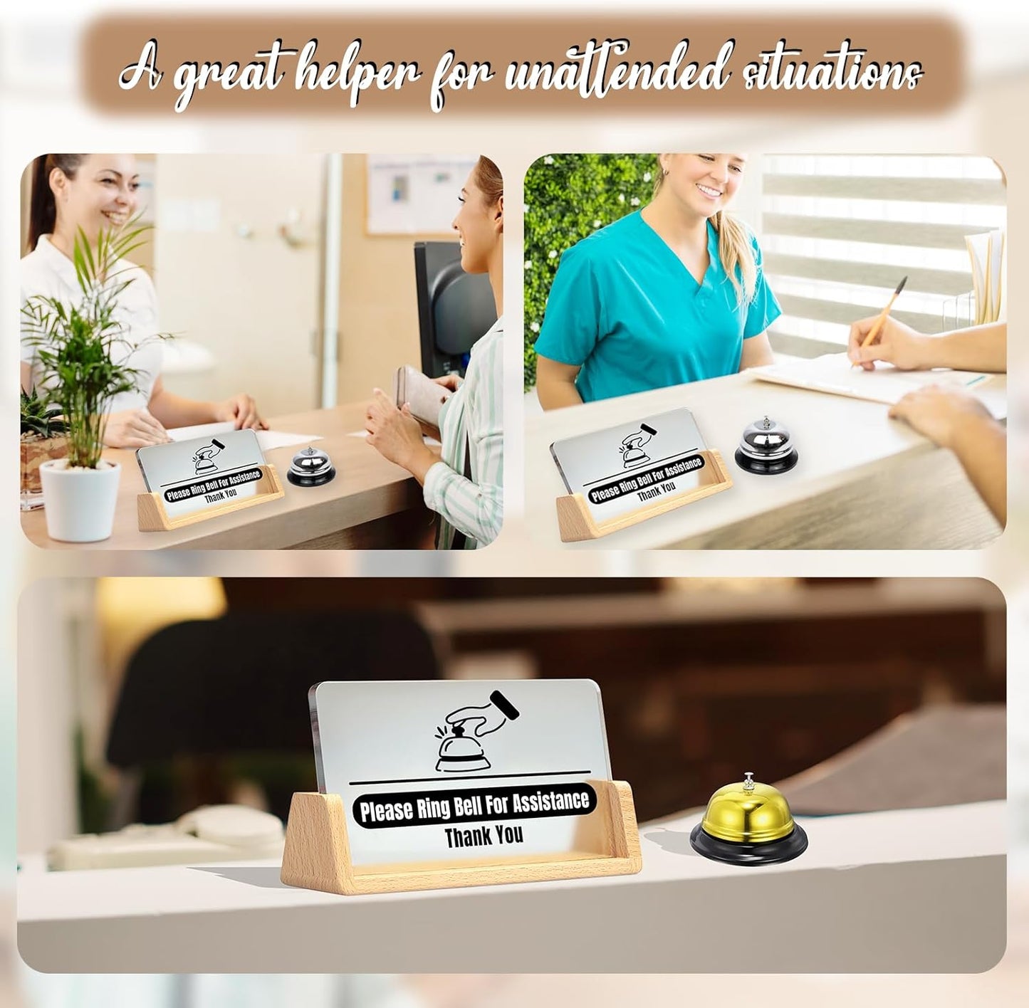 Desk Call Bell /2pcs Service Bells （Gold and Silver）/with Please Ring Bell for Assistance Sign/Suitable for Front Desk Reception in Shops, Offices, Warehouses, and Small Hospitals.