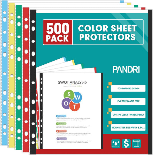 Sheet Protectors, PANDRI 500 Pack Color Heavy Duty Plastic Page Protectors Sheet Reinforced 11-Hole Fit for 3 Ring Binder Fits Standard 8.5 x 11 Paper, 9.25 x 11.25 Top Loaded, Excluding Acid