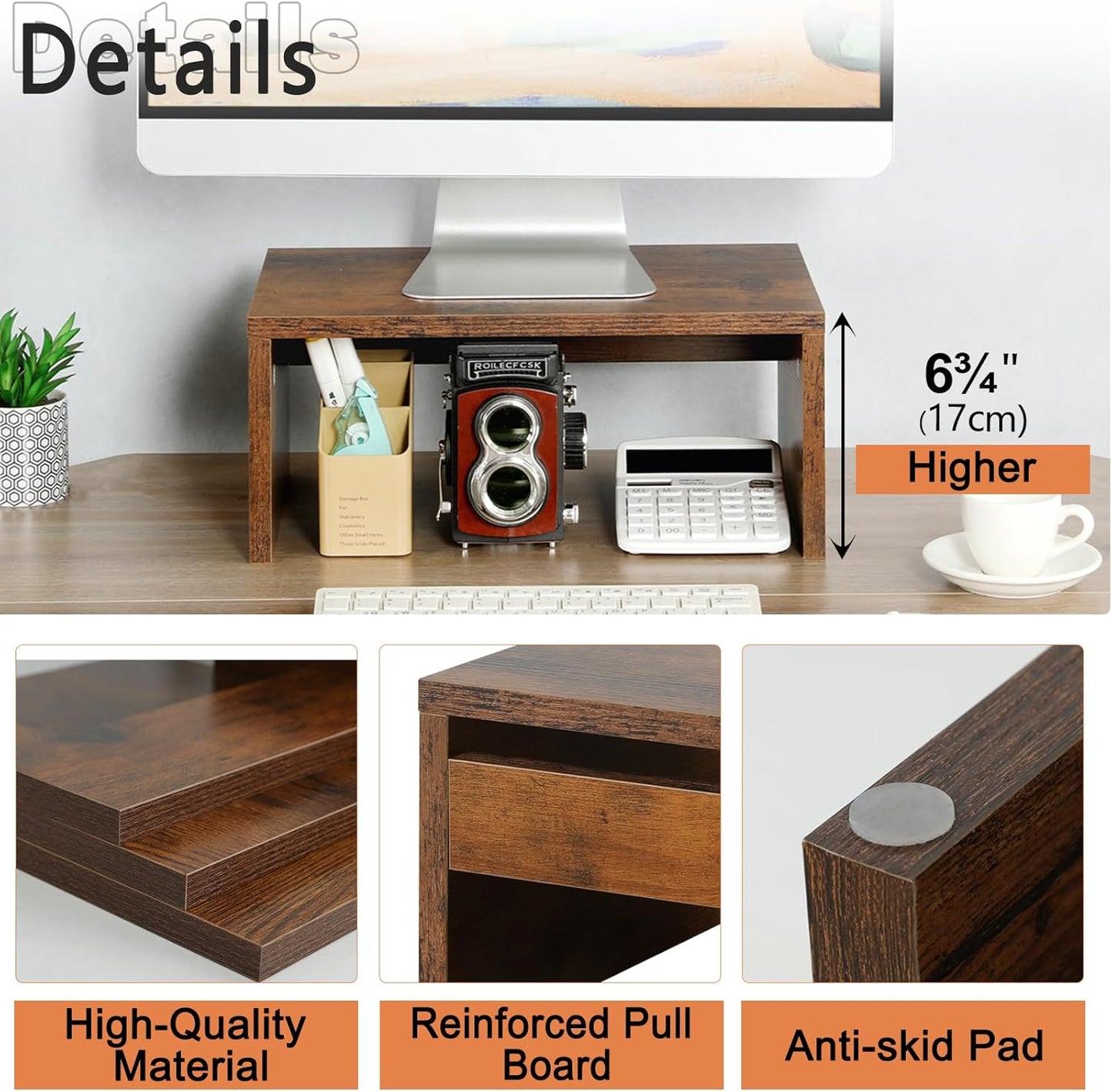 TEAMIX Higher Monitor Stand Riser-6.7 inch, Monitor Riser with Storage for Desk Small Monitor Stand TV/Screen/PC/Laptop Riser Computer Stand Desktop Shelf