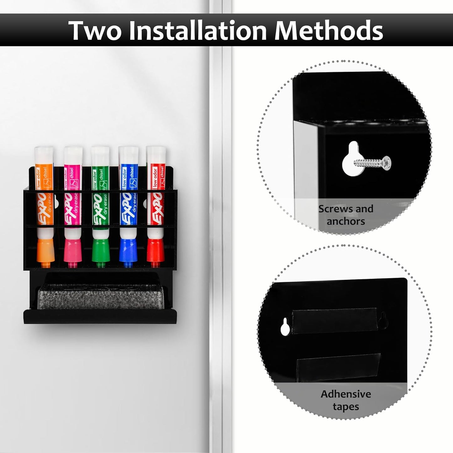 Dry Erase Marker Holder, 2 PCS Wall Mounted Acrylic Marker Holder with 10 Slots, Sticky Pen Storage for Classroom Organization, Whiteboard, Office, Black