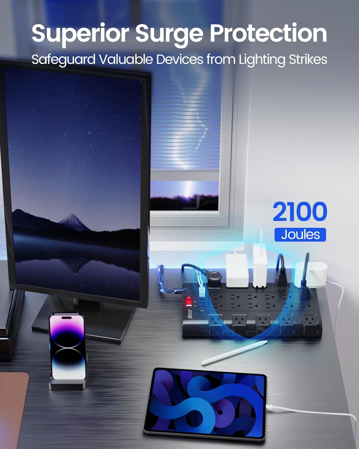 Extension Cord 10 Ft, SUPERDANNY Power Strip Surge Protector with 6 USB Charging Ports and 22 AC Outlets, 1875W/15A, 2100 Joules, Flat Plug Power Outlet for Home, Office, Dorm, Gaming Room, Black