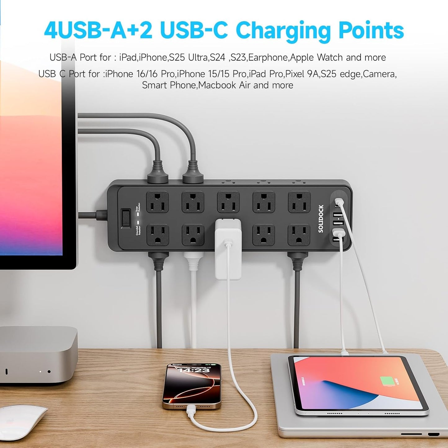 Flat Plug Power Strip Surge Protector with 20 AC Outlets 6 USB Ports, 1875W/15A, 2700 Joules, 6 Ft Heavy Duty Extension Cord with Multiple Outlets for Home, Office, Dorm, Gaming,ETL Listed