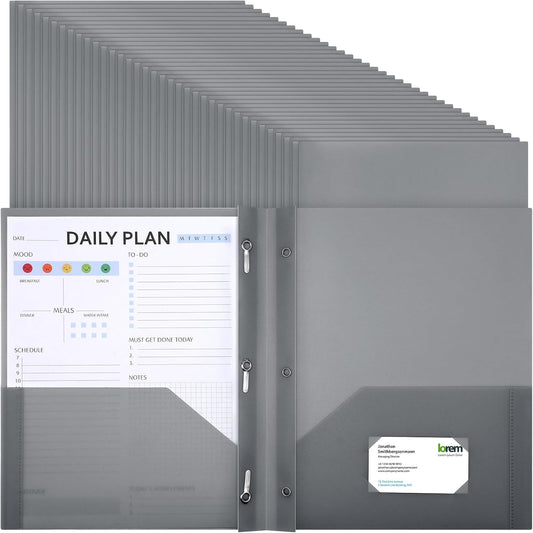 Patelai 48 Pcs Plastic Folders with 2 Pockets and 3 Prongs Home Folders with Card Slot Letter Size Heavy Duty Report Covers for Back to School(Gray,Classic)