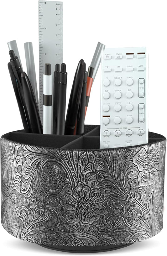 lizimandu Round Leather Art Supply Organizer,Remote Control Holder,360 Degree Spinning,Multi-Functional Pencil Holder,4 Compartments Desktop Stationary Organizer(1-Grey)