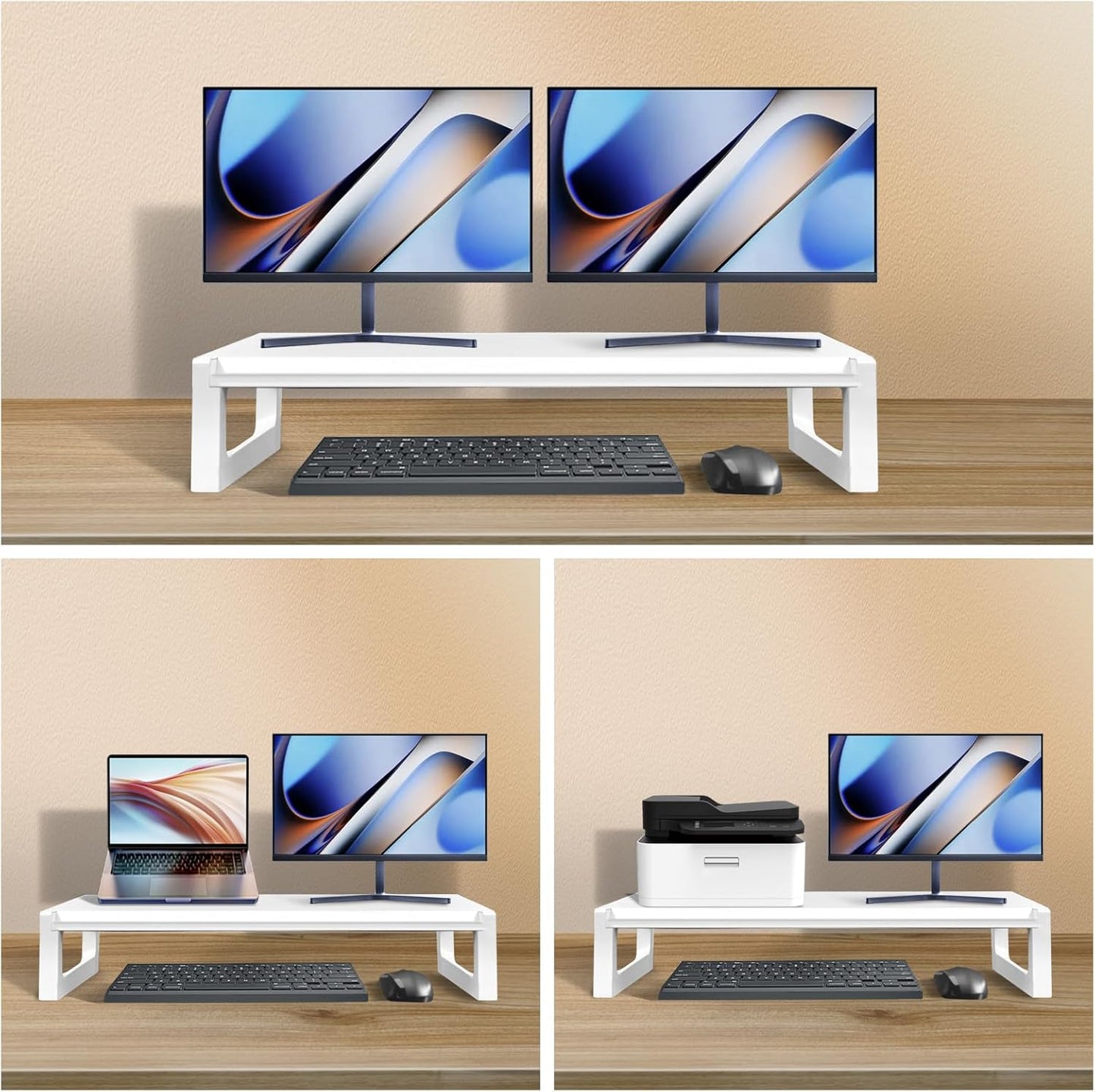 Dual Monitor Stand Riser – 28-Inch Computer Monitor Stand with Multifunctional Slot for 2 Monitors, Multi-Purpose Desktop Storage for Laptop, Printer, TV