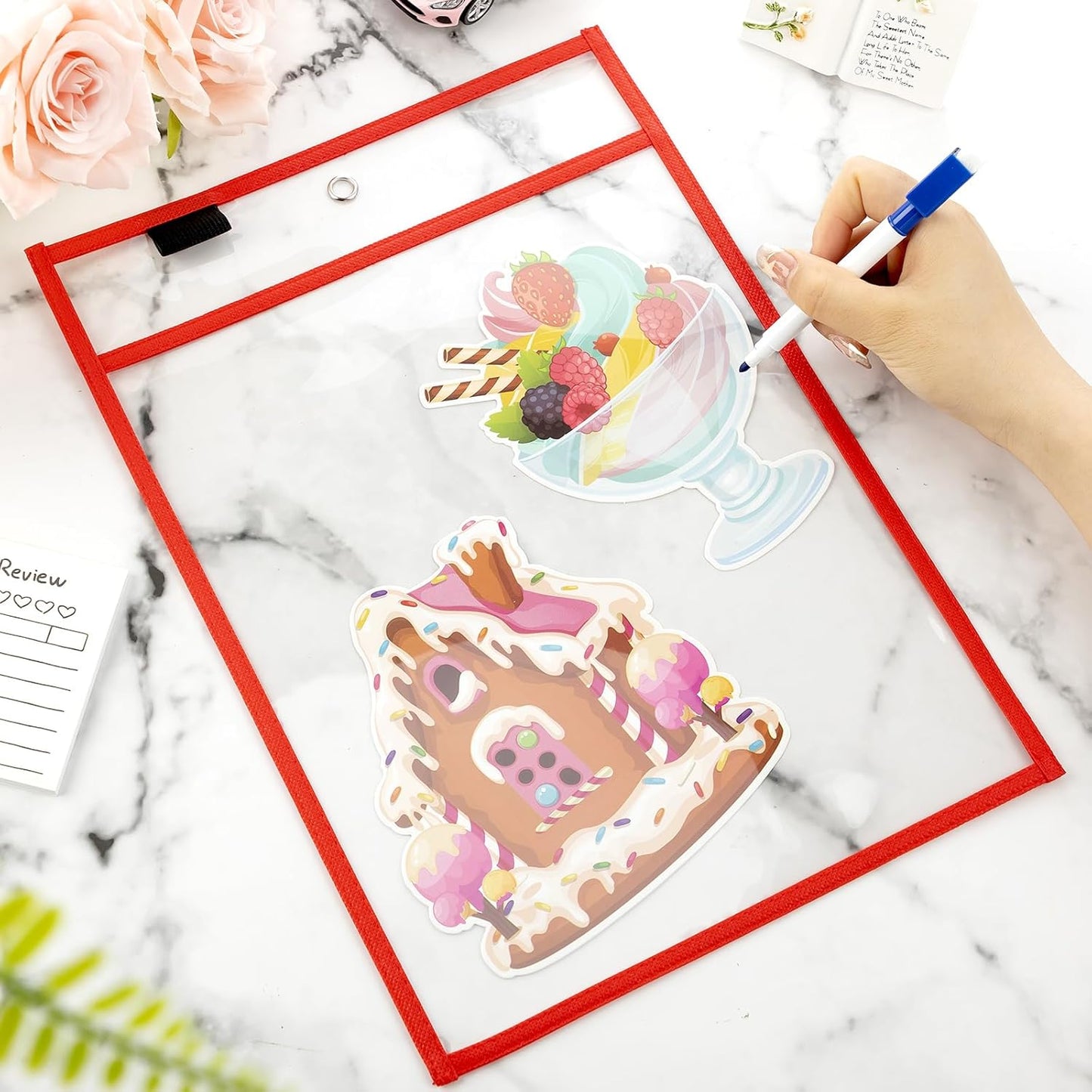 Seajan 120 Pcs Clear Dry Erase Pockets Plastic Sleeves for Paper 14 x 10 Inch Reusable Job Holder Shop Ticket Holders Order Pockets Organizer Teacher Supplies for Classroom (Red)