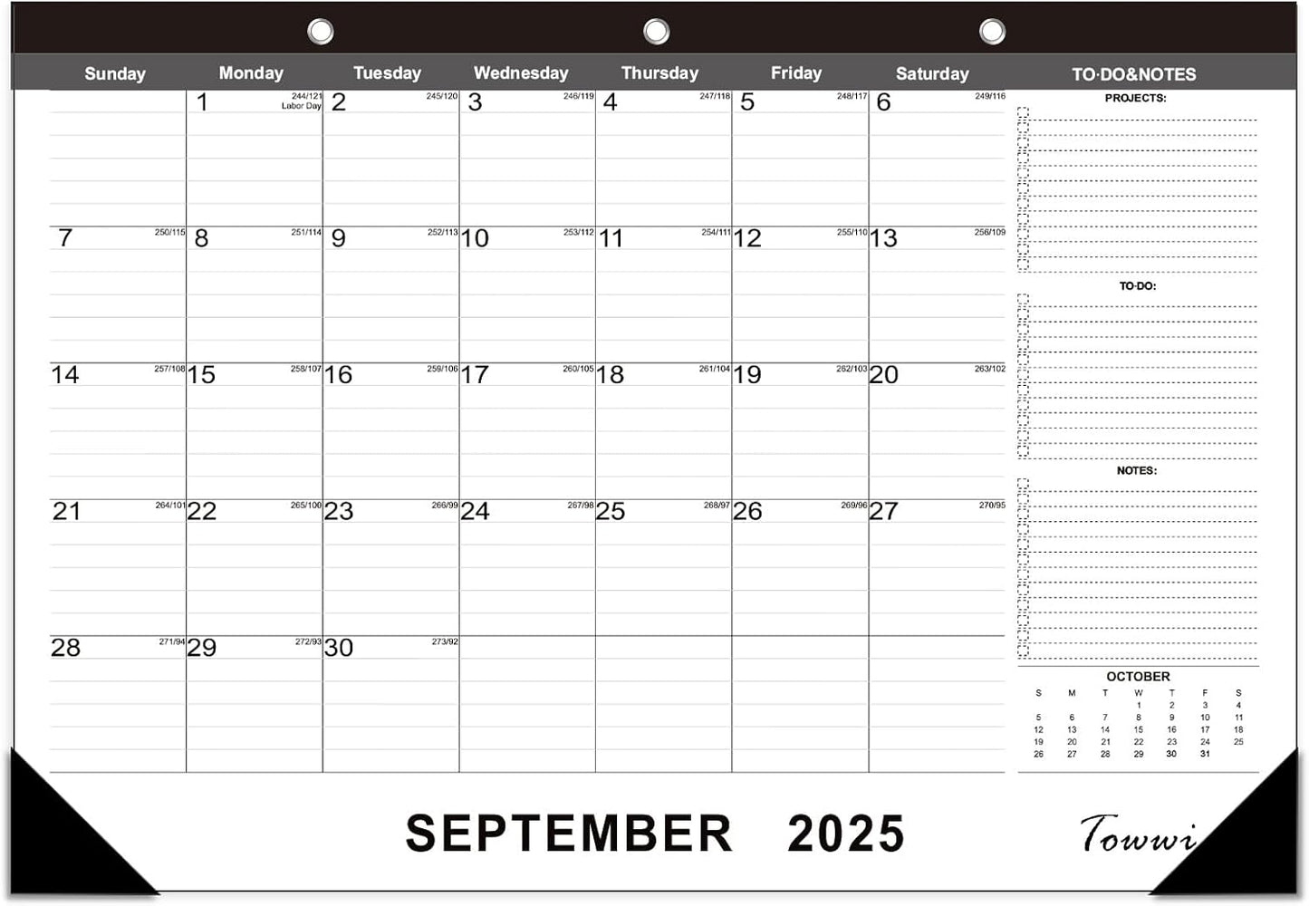 TOWWI Desk Calendar 2025-2026, Large Wall or Desktop Monthly Calendar for Daily Schedule, Office, Home - 16.7x11.6 inches (Black)