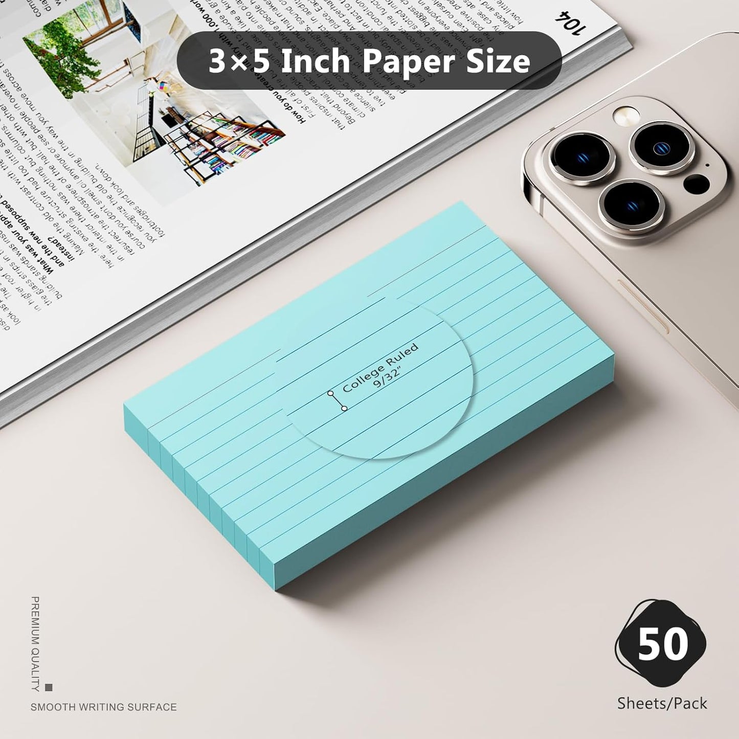 250 Count Index Cards 3 x 5 Inch, Heavyweight Blue Lined Note Cards Portable Ruled Flash Cards Perfect for Studying and Organizing, Note Taking Study Flashcards for Home, School and Office