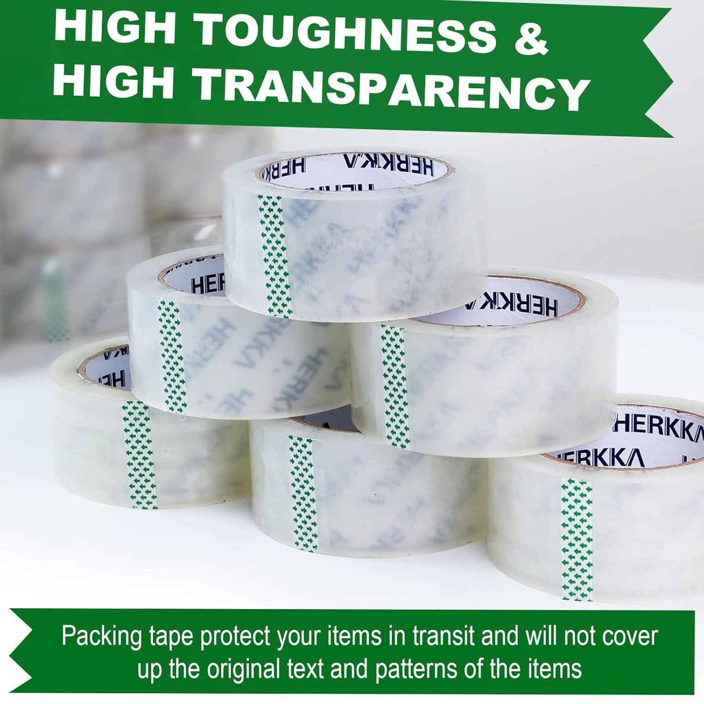 HERKKA Clear Packing Tape, 36 Rolls Heavy Duty Packaging Tape for Shipping Packaging Moving Sealing, Thicker Clear Packing Tape, 1.88 inches Wide, 65 Yards Per Roll, 2340 Total Yards
