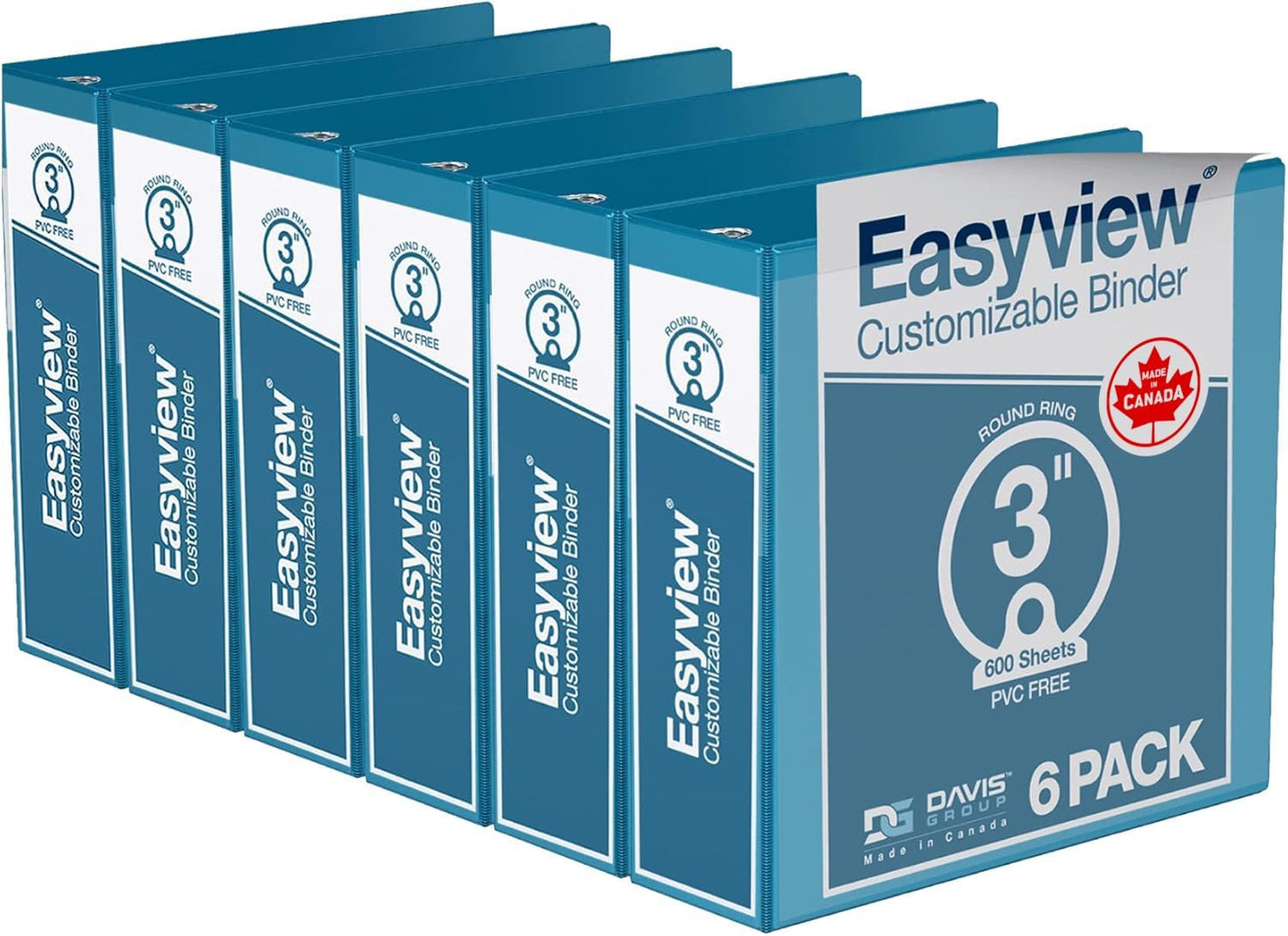 Easyview Premium 3-Ring Binders with Clear-View Covers and Round Rings, Binders for School or Office, 3 Inch, Pack of 6, Turquoise Blue