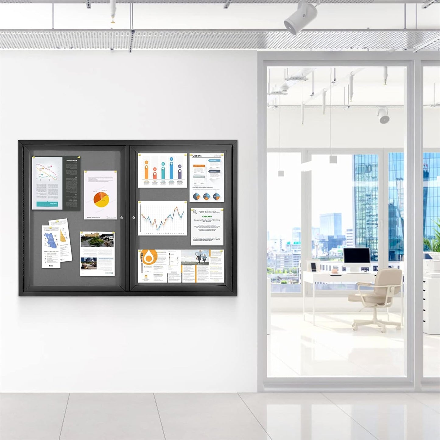 Enclosed Bulletin Board Outdoor Noticeboard with Locking Door, Weather-Resistant, Grey Felt, Black Aluminum Frame, 48 x 34 in