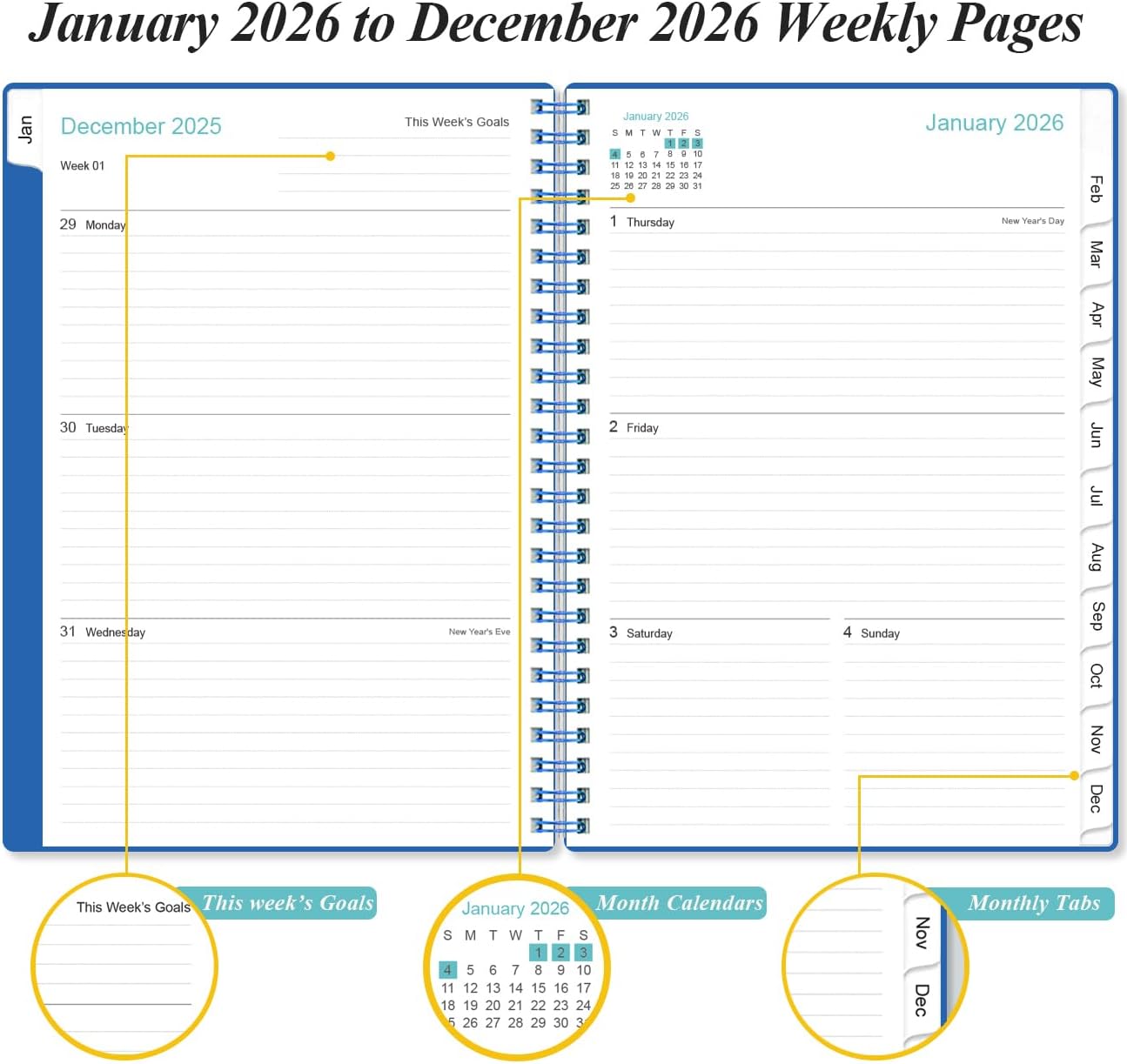 2026 Planner - Planner 2026 from January 2026 - December 2026, Weekly & Monthly Planner Spiral Bound with 12 Monthly Tabs, Inner Pocket, 6.4" x 8.5", Blue-B