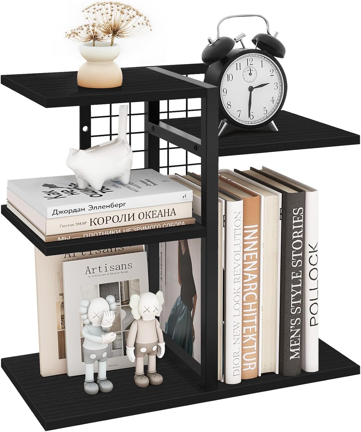 ELITEROO Desktop Bookshelf, 4 Tier Wood Desk Organizer Shelf, Tabletop Storage Shelf Rack for Office Supplies, Desk Decorations for Women Office, Rustic Black