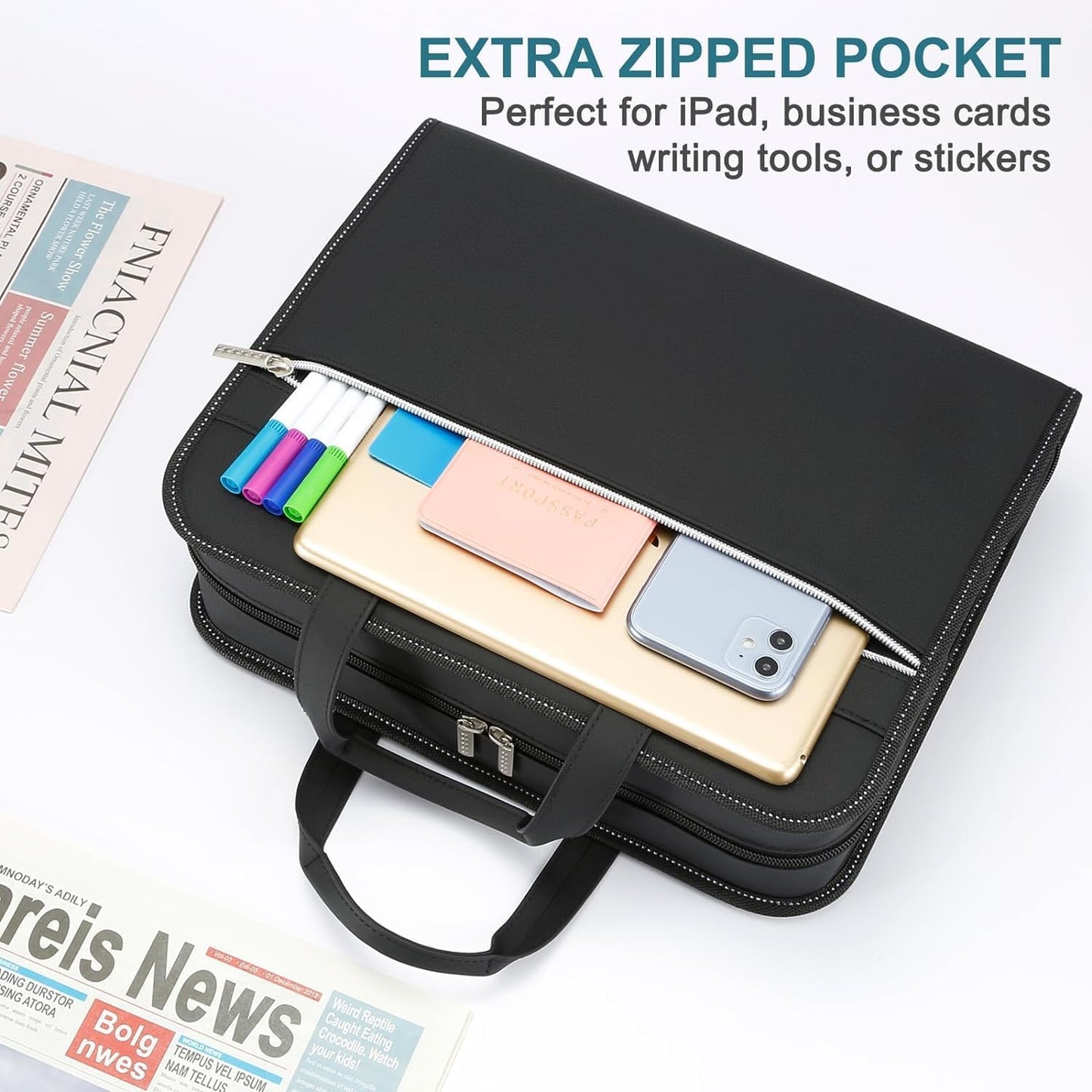 SEEKIND PU Leather Accordian File Organizer 26 Pockets, Expanding File Folder with Handle&Carrying Strap, Document Organizer File Holder for Letter Size / A4 File, for Office, School-Black