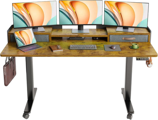 YDN Rustic Brown 2-Tier Adjustable Electric Standing Desk, 63 inch, Modern Design with 2 Drawers, Felt Fence, Hook, for Office