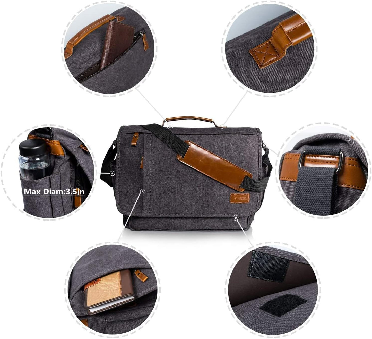 ESTARER Laptop Messenger Bag 17-17.3 Inch Water-resistant Canvas Shoulder Bag for Work College, Grey