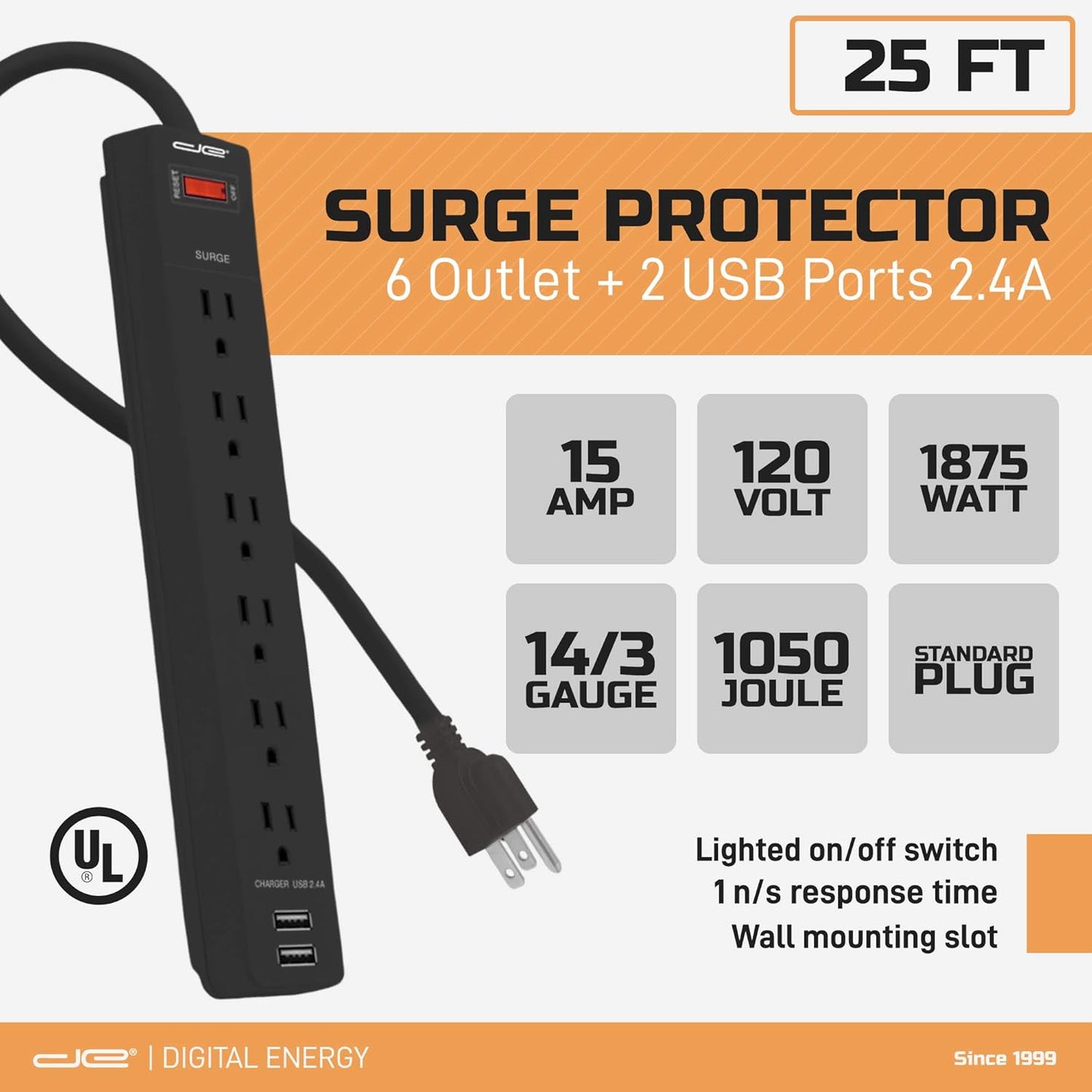 Digital Energy 6-Outlet + 2 USB 1050 Joule Surge Protector Power Strip with 25-Ft Long Extension Cord, Black, UL Listed