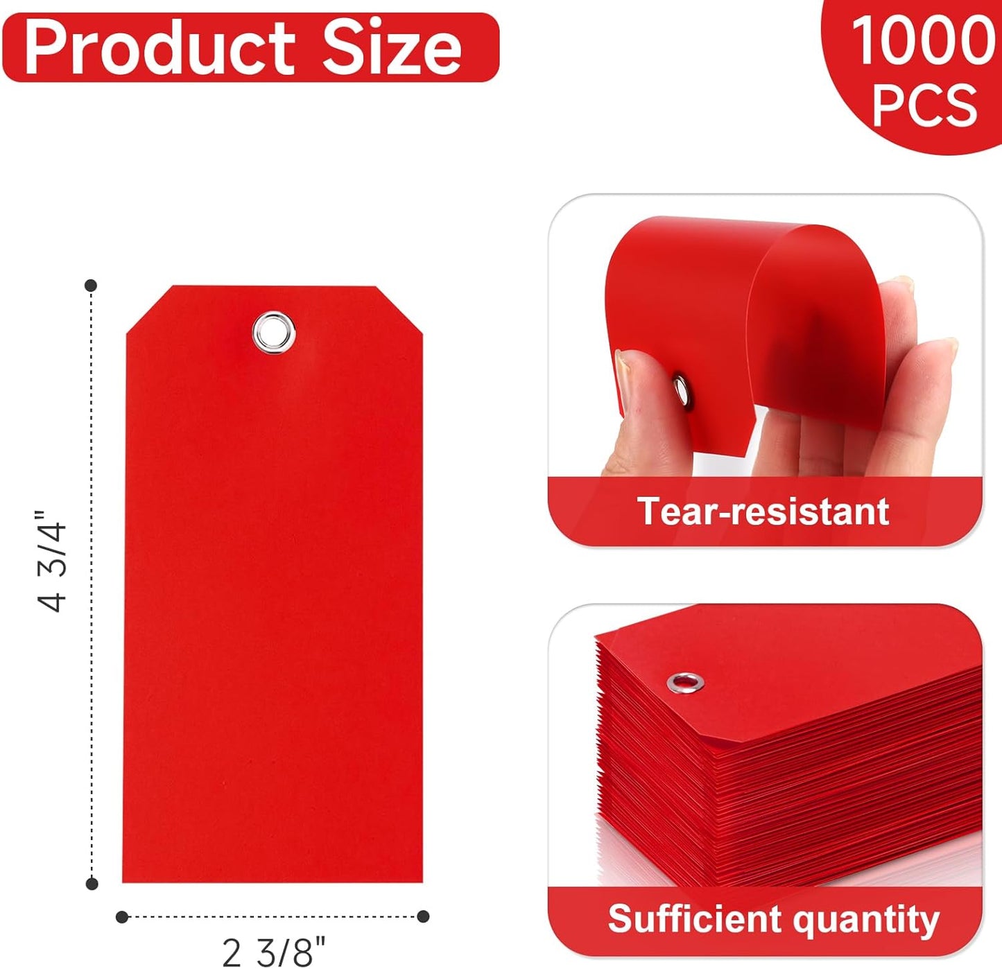 1000 Pieces 4 3/4" x 2 3/8" Plastic Shipping Tags Labeling Tags Waterproof Hang Tags with Reinforcement Hole Writable Luggage tag Loops for Equipment Car Parts… (Red)