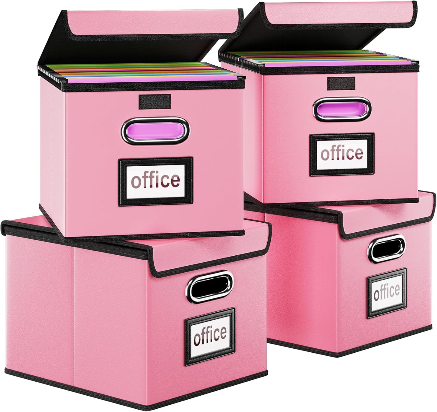 Huolewa Portable Leather File Organizer Boxes with Lids, Office Document Boxes Organizer, Filing Boxes, Decorative Small File Boxes for Hanging Files, File Cabinet for Office/Home - 4 Pack