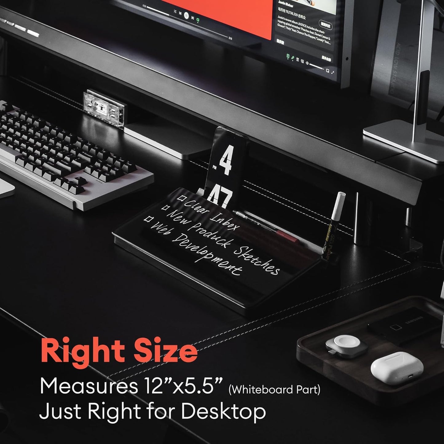 Glass Desktop Whiteboard with Storage 12"x6.5", Black Glass Desk Dry Erase Board Writing Board w. 4 Liquid Chalk Markers,1 Eraser Monitor Memo Board, Home Office Essentials