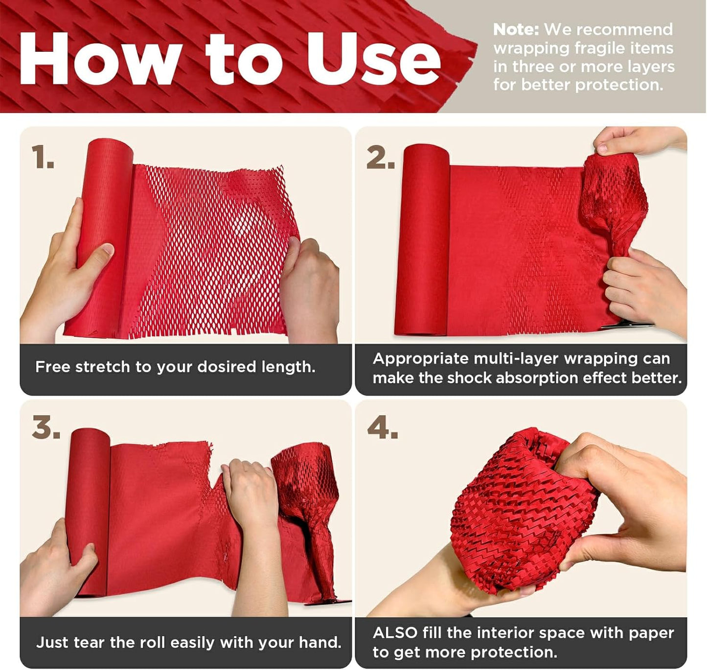 Honeycomb Packing Paper, 12"x200' Red | Perforated Honeycomb Packing Paper Recyclable Moving Supplies for Shipping & Moving | Plastic-Free Alternative to Bubble Cushion Wrap with 36 Fragile Stickers