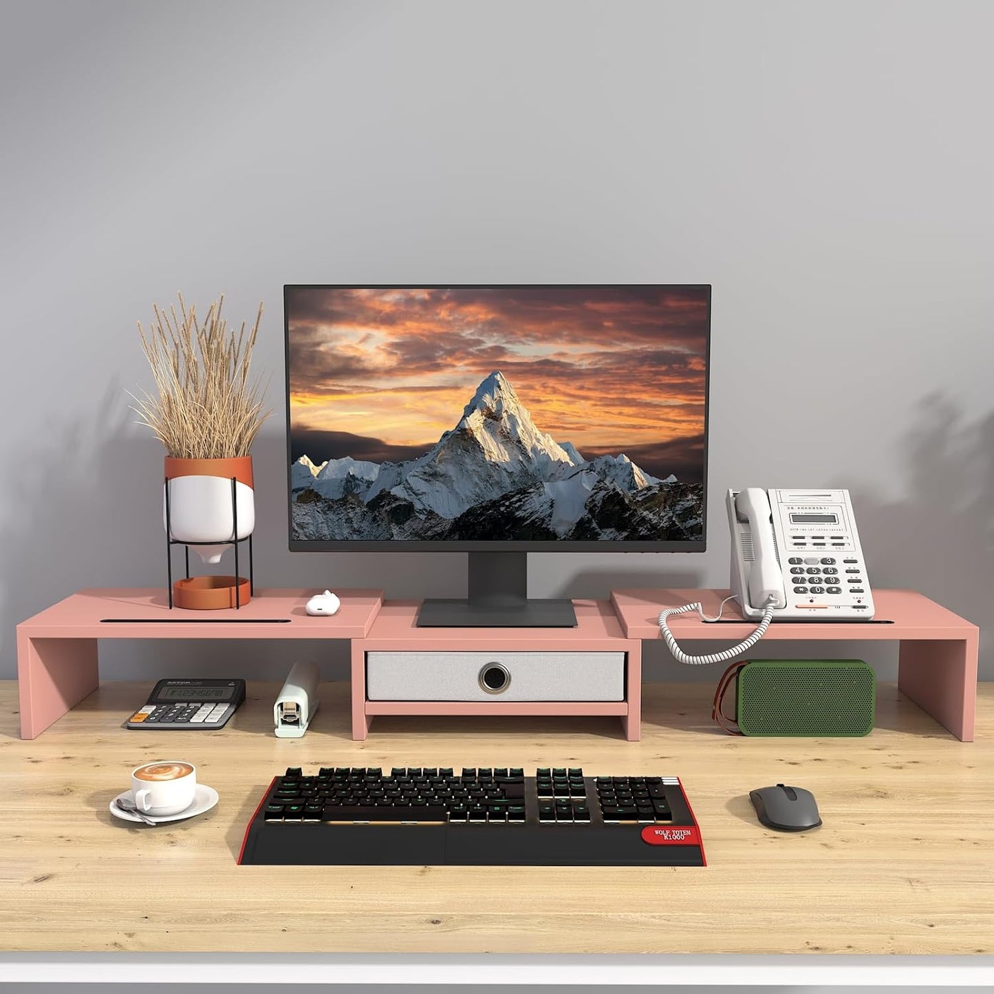 WESTREE Dual 3 Shelf Computer Riser with Drawer, Adjustable Length and Angle, Desktop 2 Monitor Stand Storage Organizer