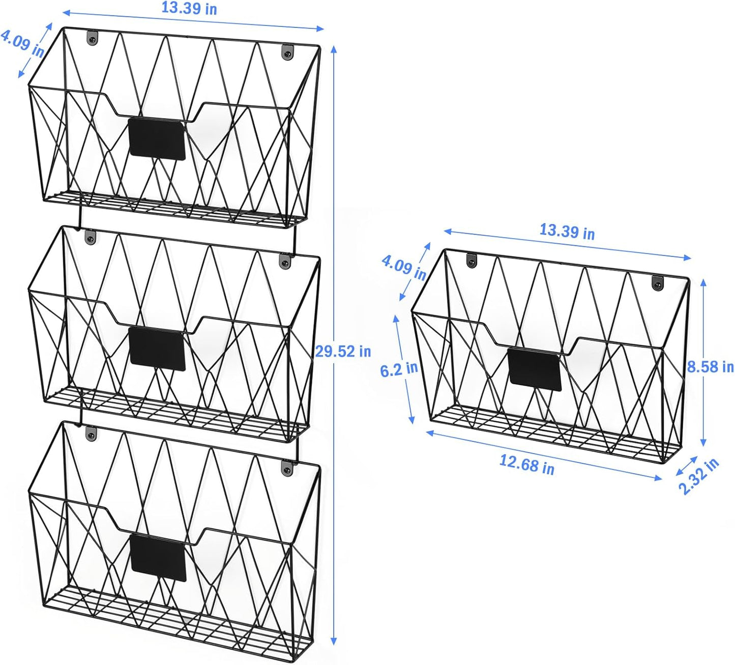 Hanging File Holder Wall File Organizer Holder, 6 Pockets Wall Mount Vertical Magazine Rack with Hooks for Office Home, Black