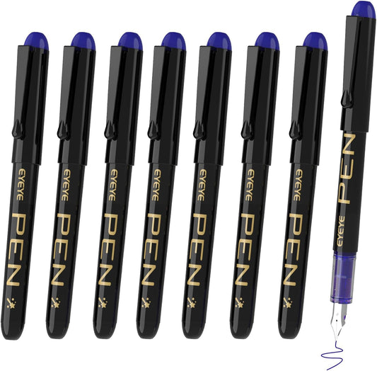EYEYE Fountain Pens for Writing, 8 Pack Blue Fine Point Pens Disposable Fountain Pens Stainless Steel Nib, Smooth Writing for Journaling, Drafting, Sketching, Doodling & Office Supplies