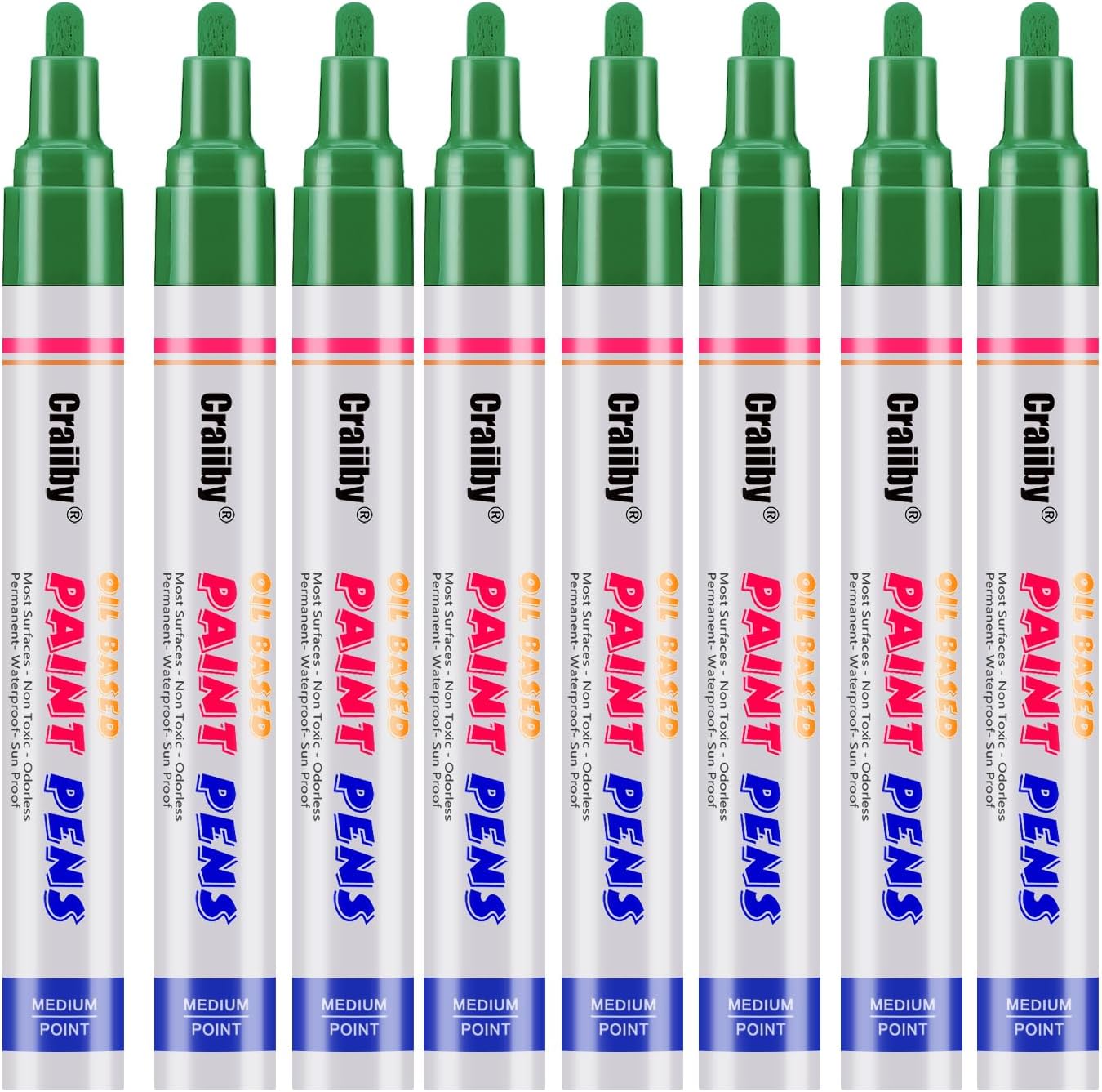 Green Paint Markers, 8 Pack Oil-Based Waterproof Quick Dry Permanent Paint Pen Set for Rocks Painting, Wood, Fabric, Plastic, Canvas, Glass, Mugs, Metal, Tire, Stone, DIY Craft